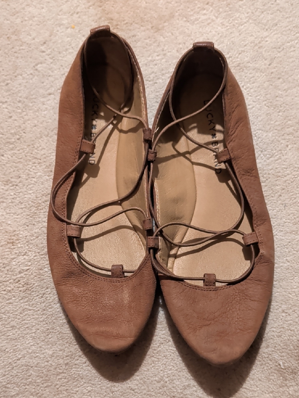 Lucky Brand Taupe Brown Leather Lace-Up Ballet Flats